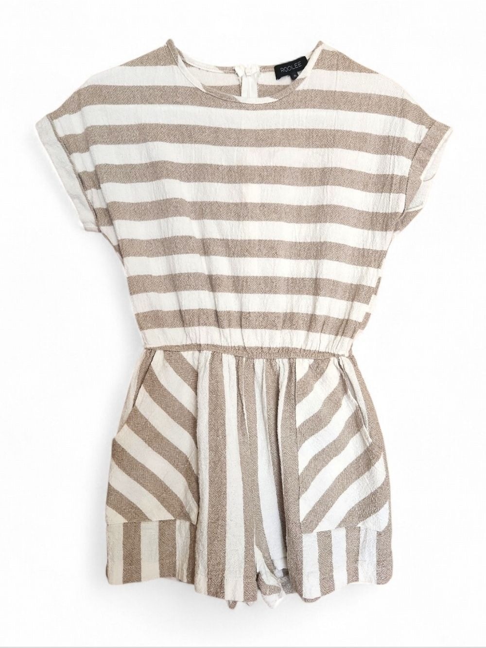 ROOLEE NEUTRAL TEXTURED LINEN SHORTS JUMPER TAN & CREAM STRIPE SIZE SMALL
